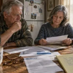 An older couple sitting at a wooden kitchen table solemnly reviewing Medicare paperwork and financial notes.