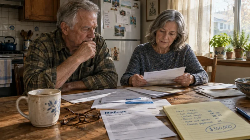 An older couple sitting at a wooden kitchen table solemnly reviewing Medicare paperwork and financial notes.