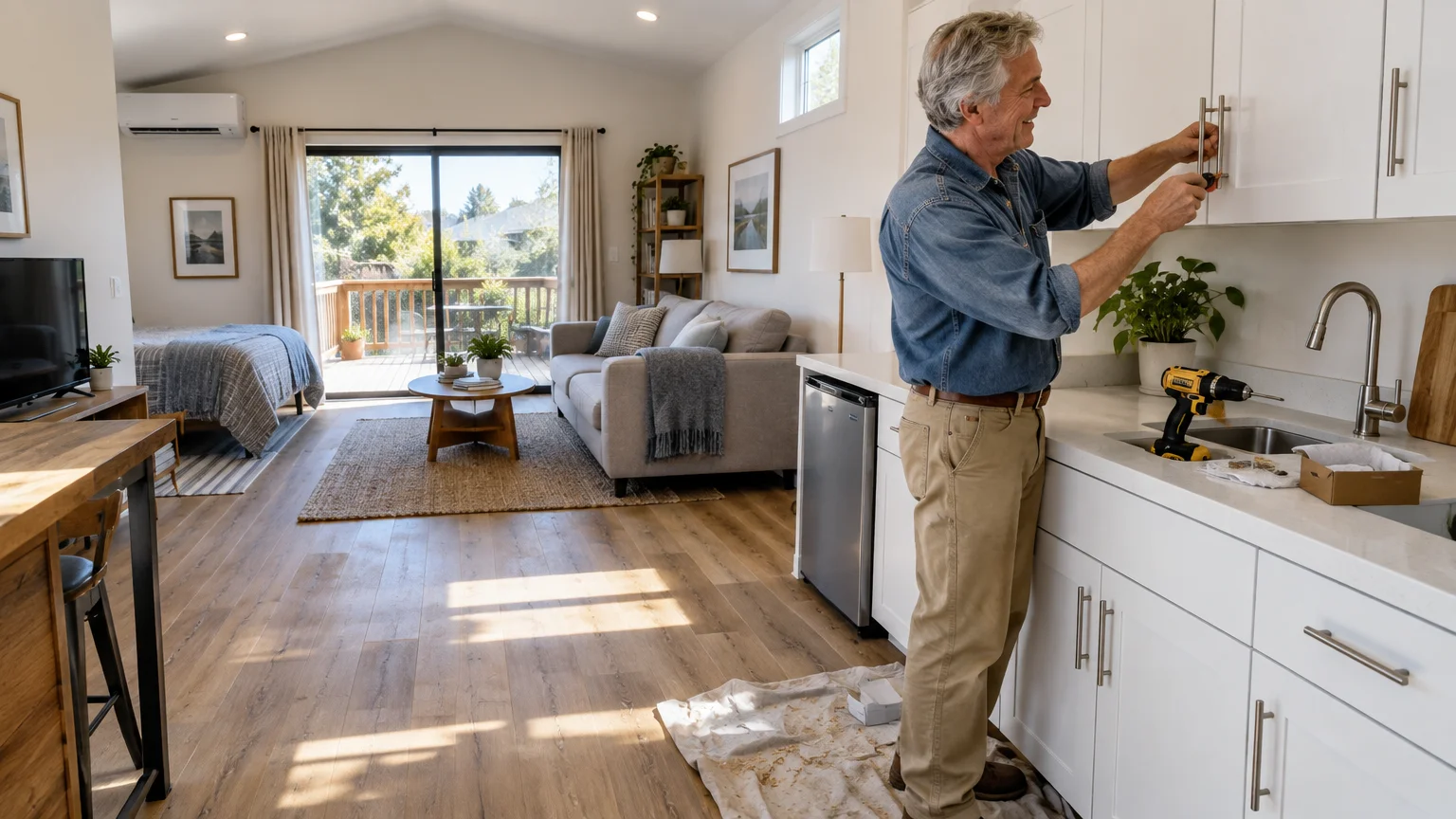 A man installs handles on white kitchen cabinets inside a bright studio apartment featuring a bed, sofa, and deck.