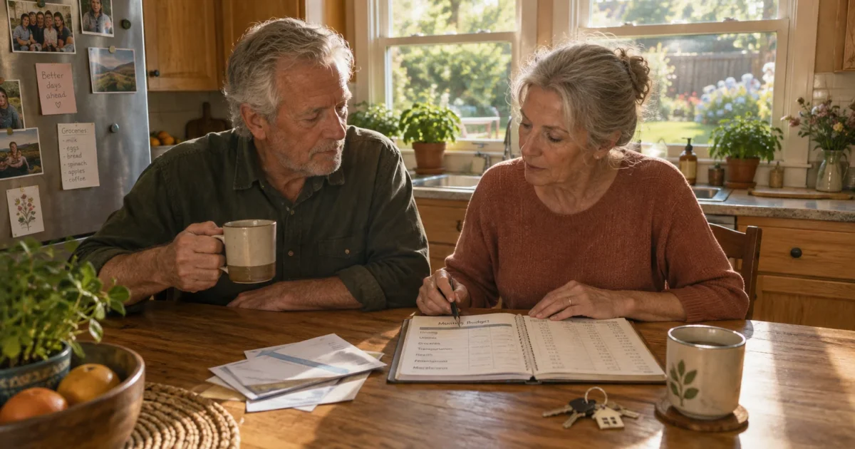 Senior couple sitting at a wooden kitchen table reviewing a monthly budget notebook with coffee mugs and house keys nearby.