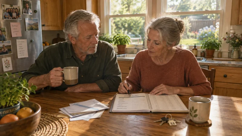 Senior couple sitting at a wooden kitchen table reviewing a monthly budget notebook with coffee mugs and house keys nearby.