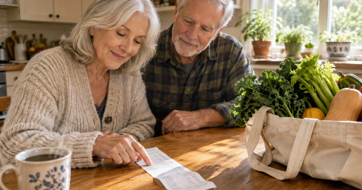 An older couple reviews a long grocery receipt at a wooden table beside a canvas bag filled with fresh produce.