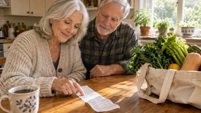 An older couple reviews a long grocery receipt at a wooden table beside a canvas bag filled with fresh produce.