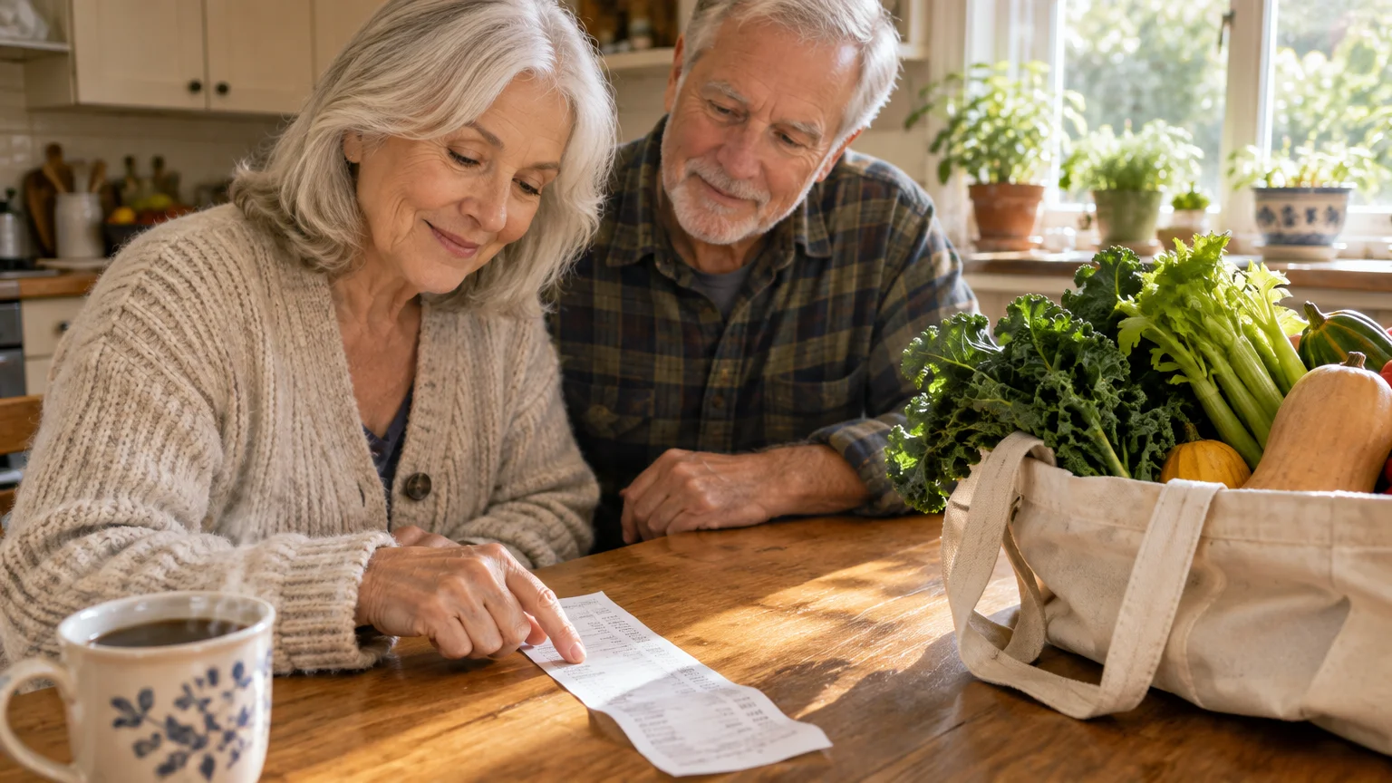 An older couple reviews a long grocery receipt at a wooden table beside a canvas bag filled with fresh produce.