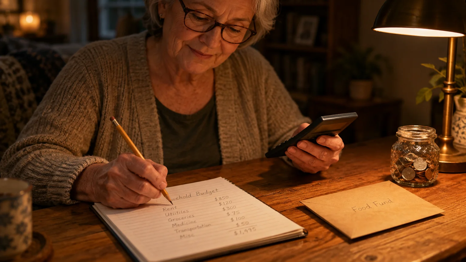 Older woman with glasses writing a household budget with a pencil next to a calculator, envelope, and jar of coins.