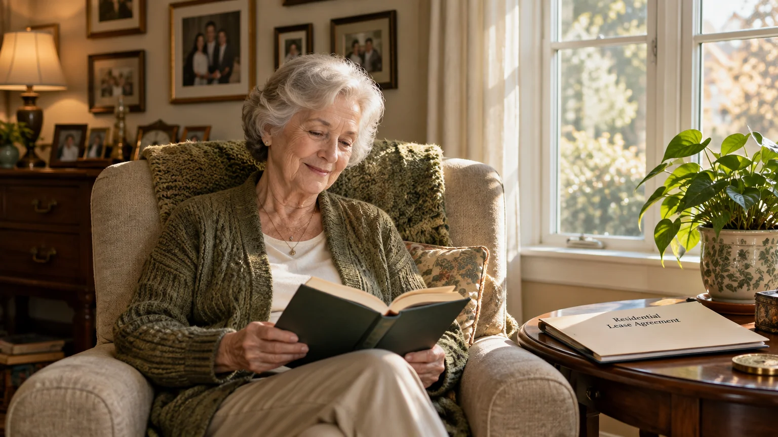 Senior woman reading a book in an armchair beside a table holding a residential lease agreement folder.