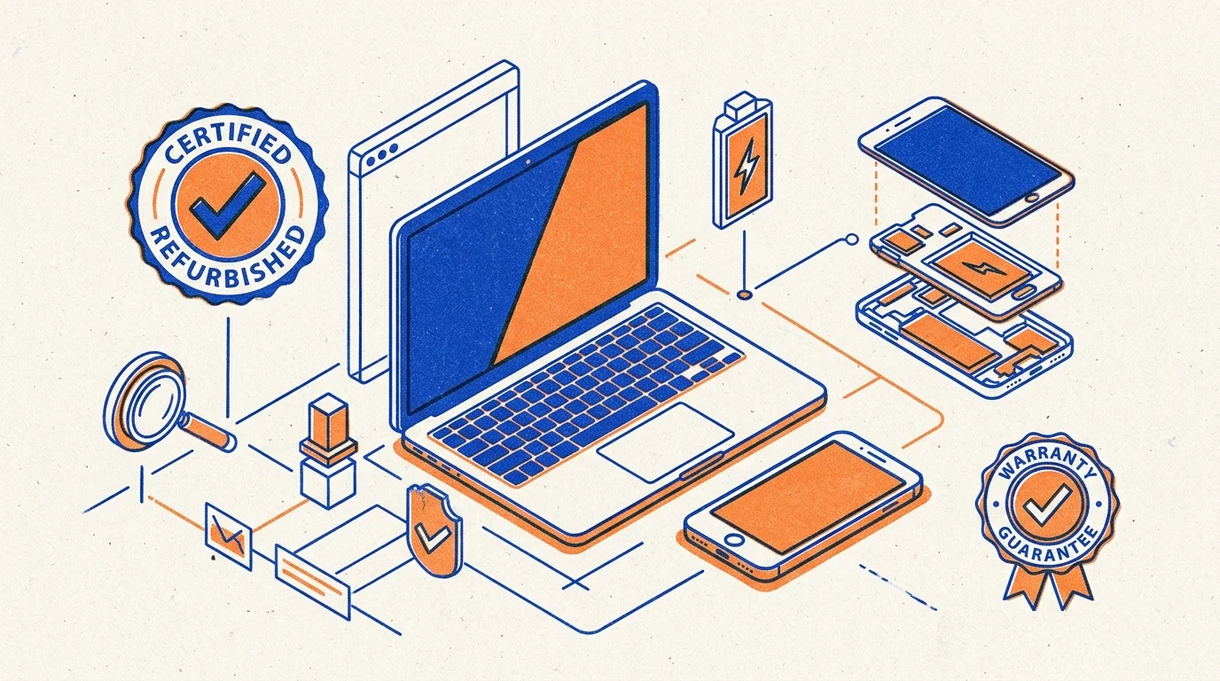 Isometric illustration in blue and orange showing a laptop, smartphones, battery, and certified refurbished warranty badges.