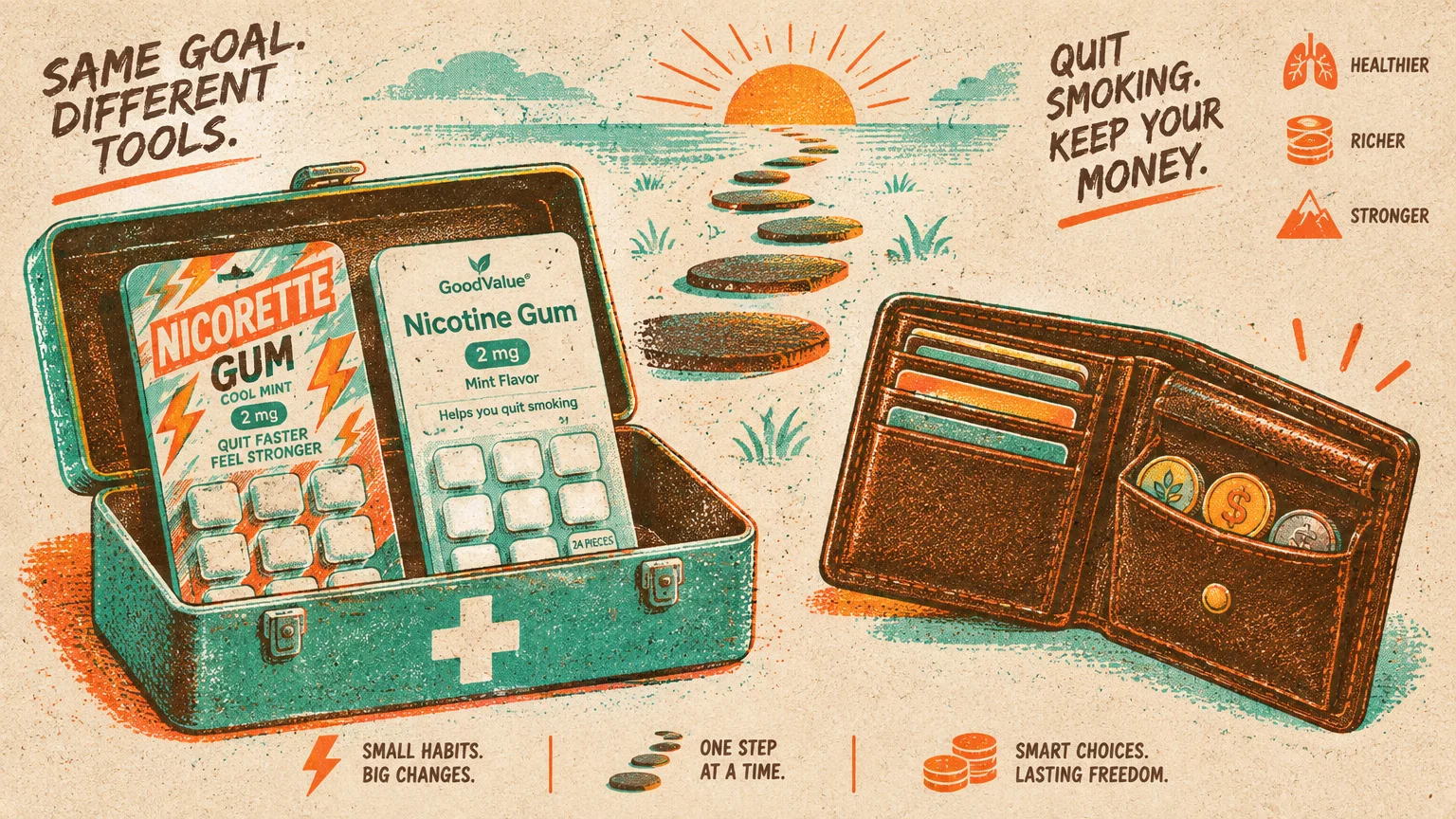 Illustration of Nicorette and generic nicotine gum in a first-aid kit beside an open wallet with coins and cards.