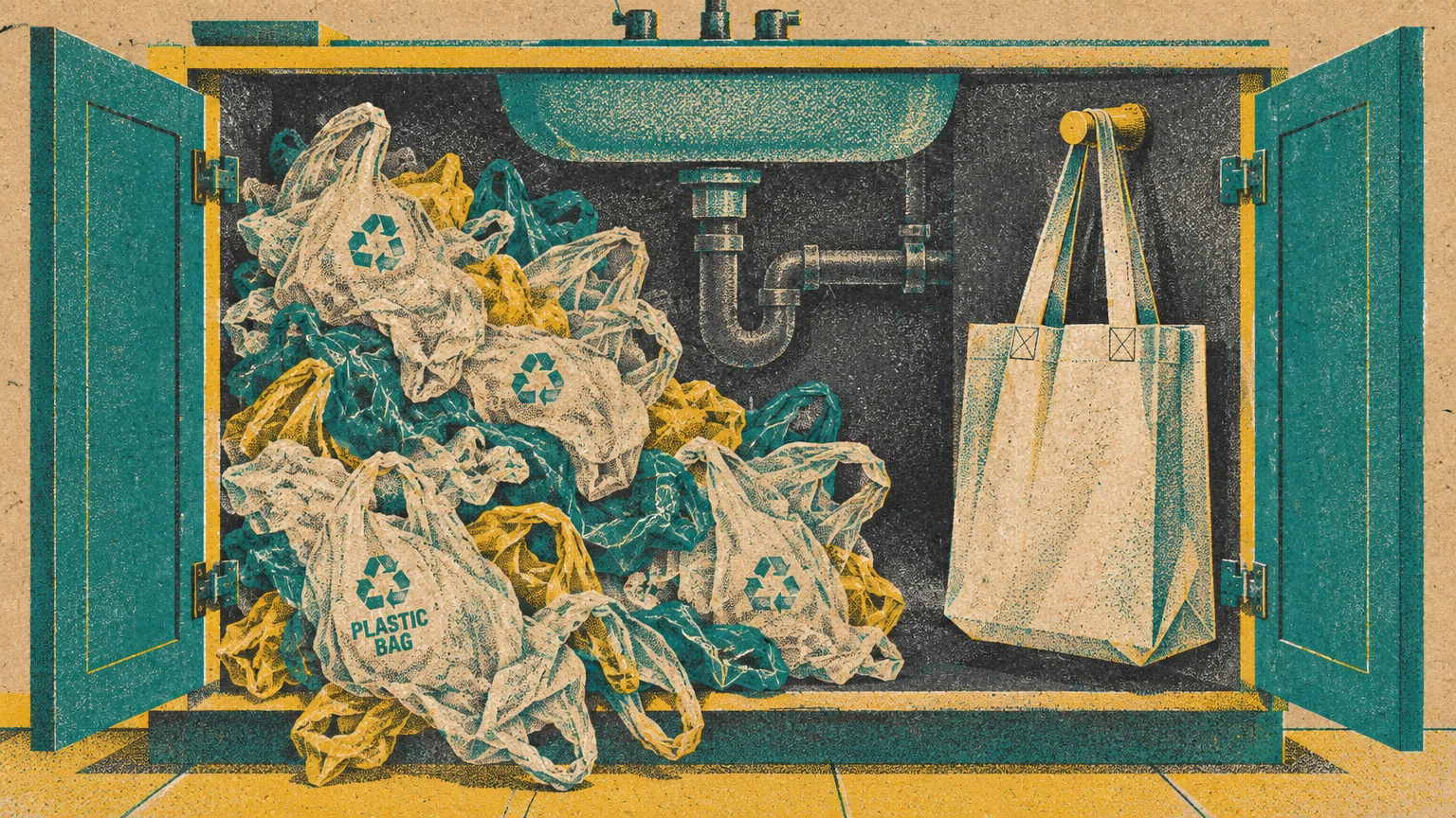 Open cabinet under a sink filled with a huge pile of plastic bags beside a single reusable cloth tote bag.