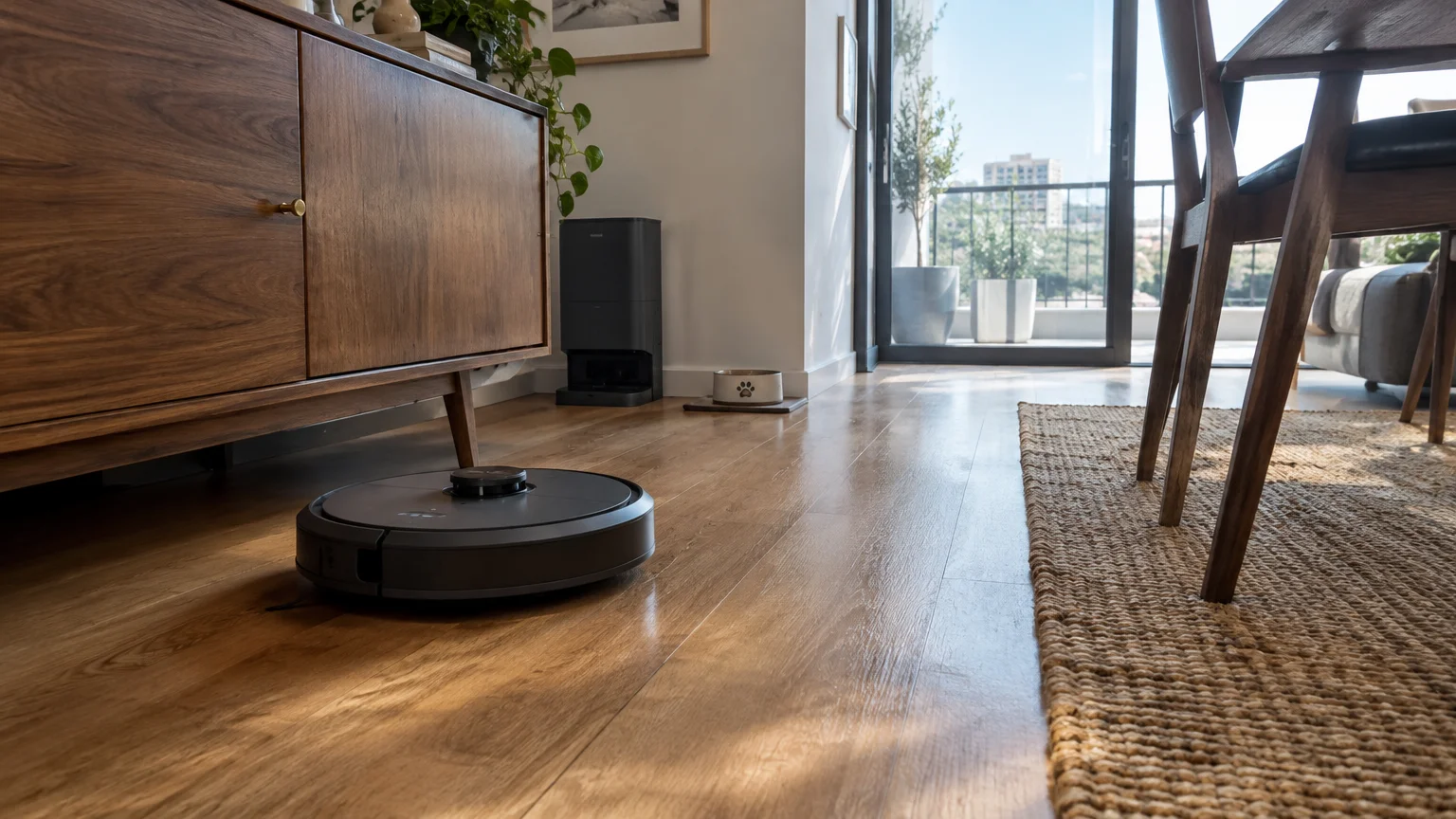 A black robot vacuum navigates across a hardwood floor in a bright living room near a wooden sideboard and dining chairs.