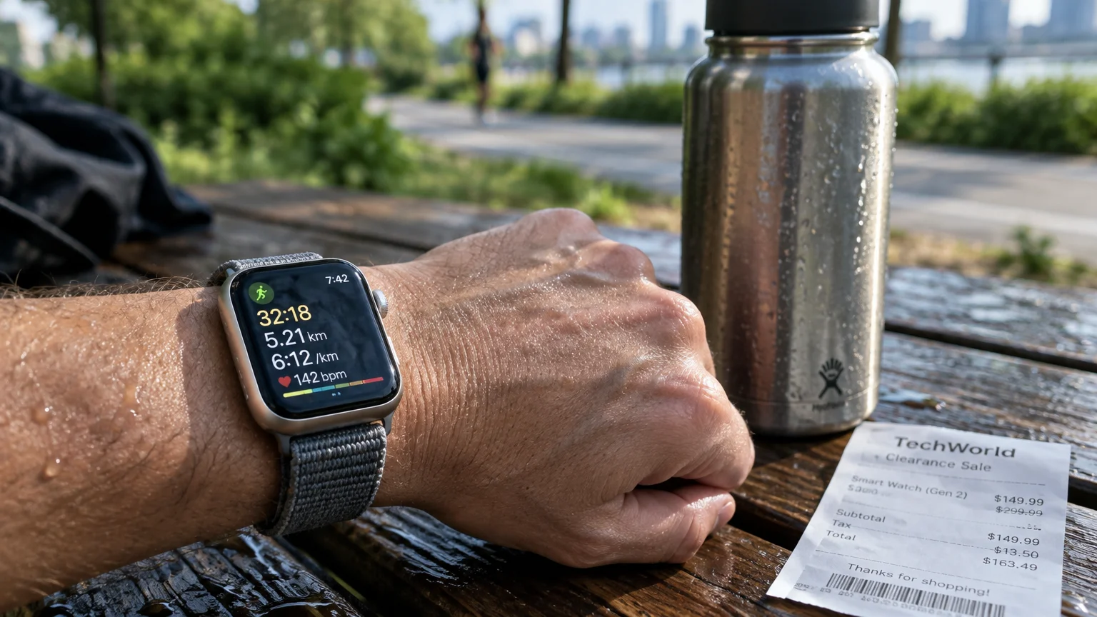 Person wearing a smartwatch showing running metrics resting an arm on an outdoor wooden table beside a receipt and bottle.
