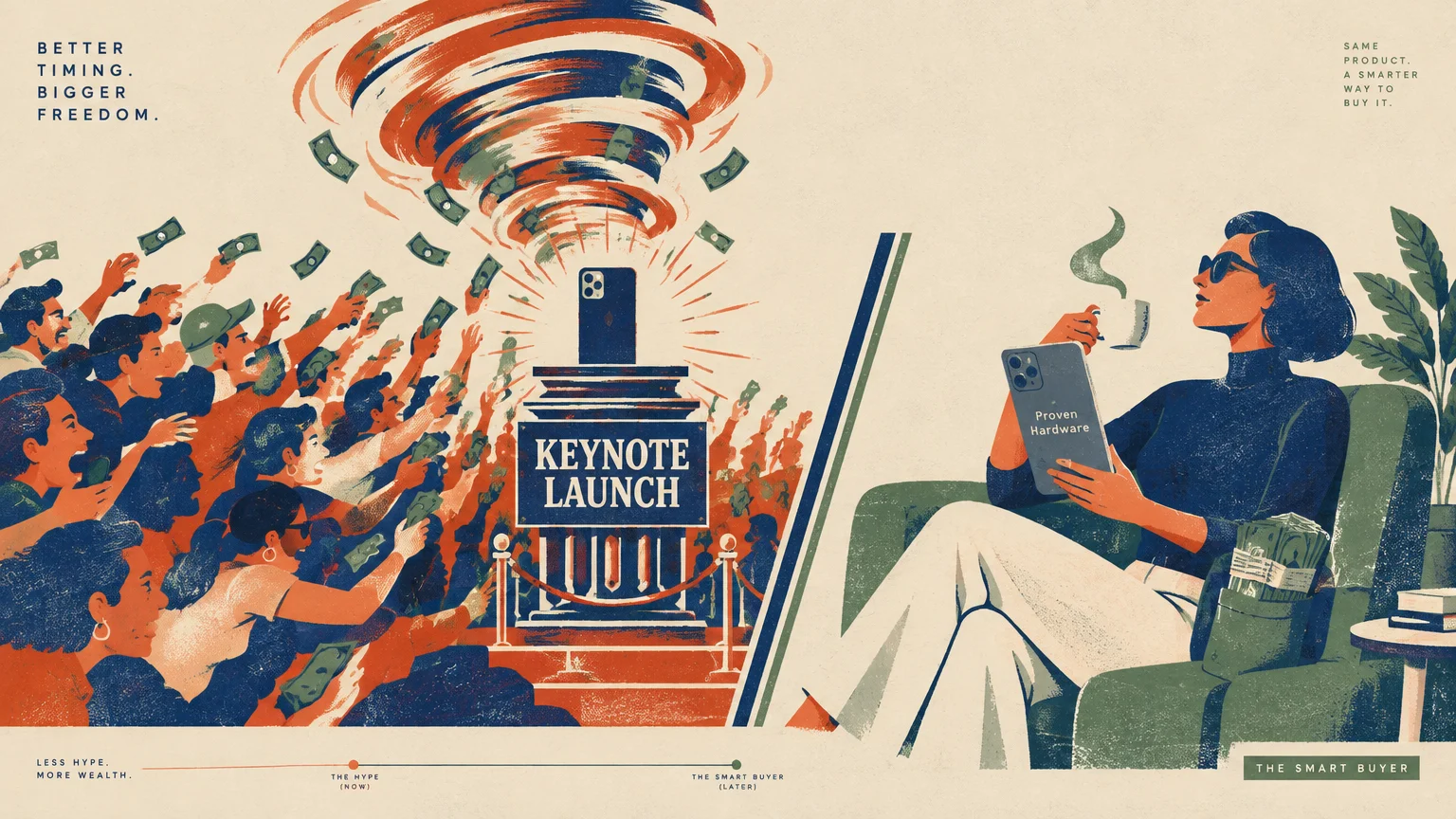 Split illustration contrasting an eager crowd throwing cash at a keynote product launch with a relaxed woman holding saved cash.