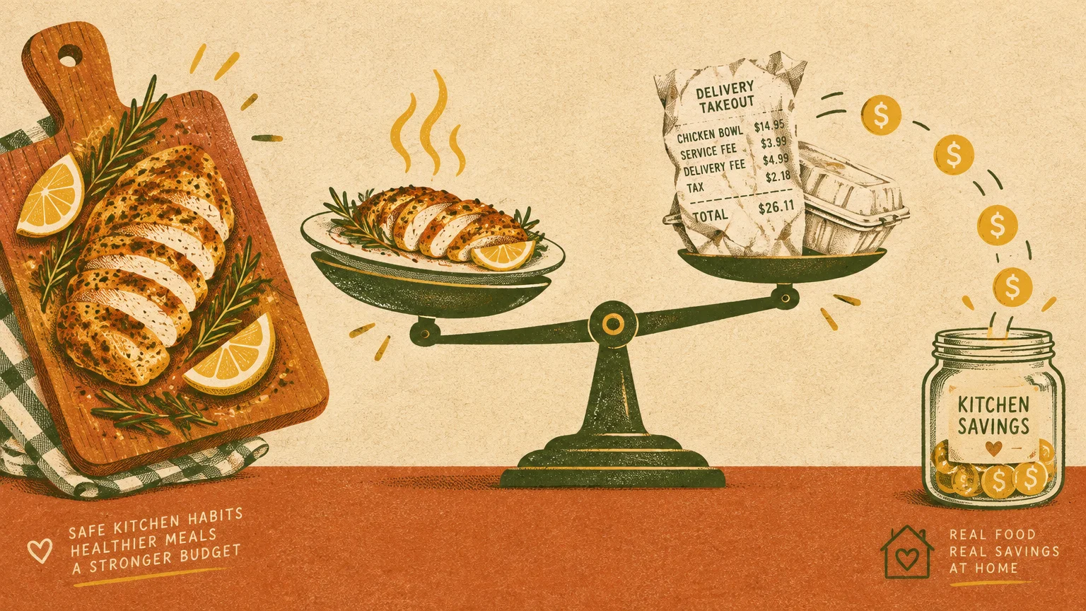 Balance scale weighing home-cooked chicken against expensive takeout receipt, with coins flowing into a savings jar.