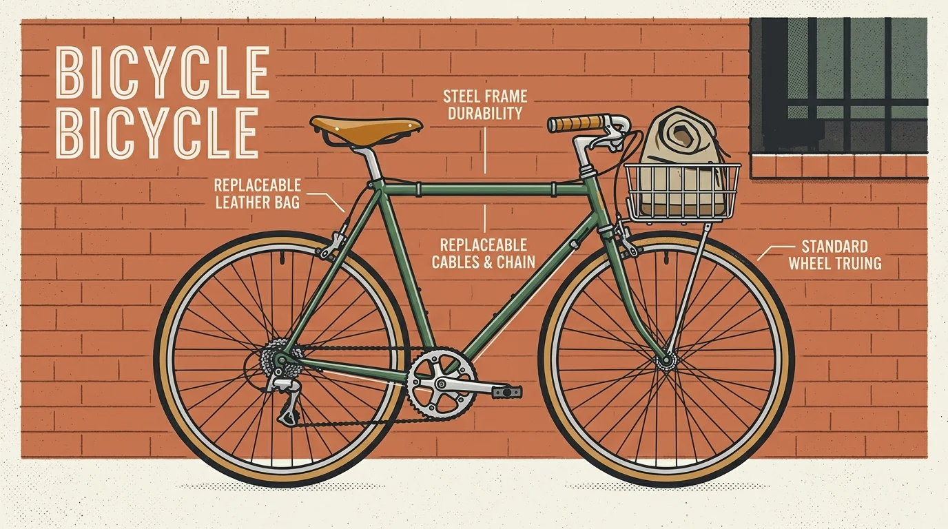 Illustration of a green commuter bicycle with a front basket against a brick wall, labeled with bicycle features.