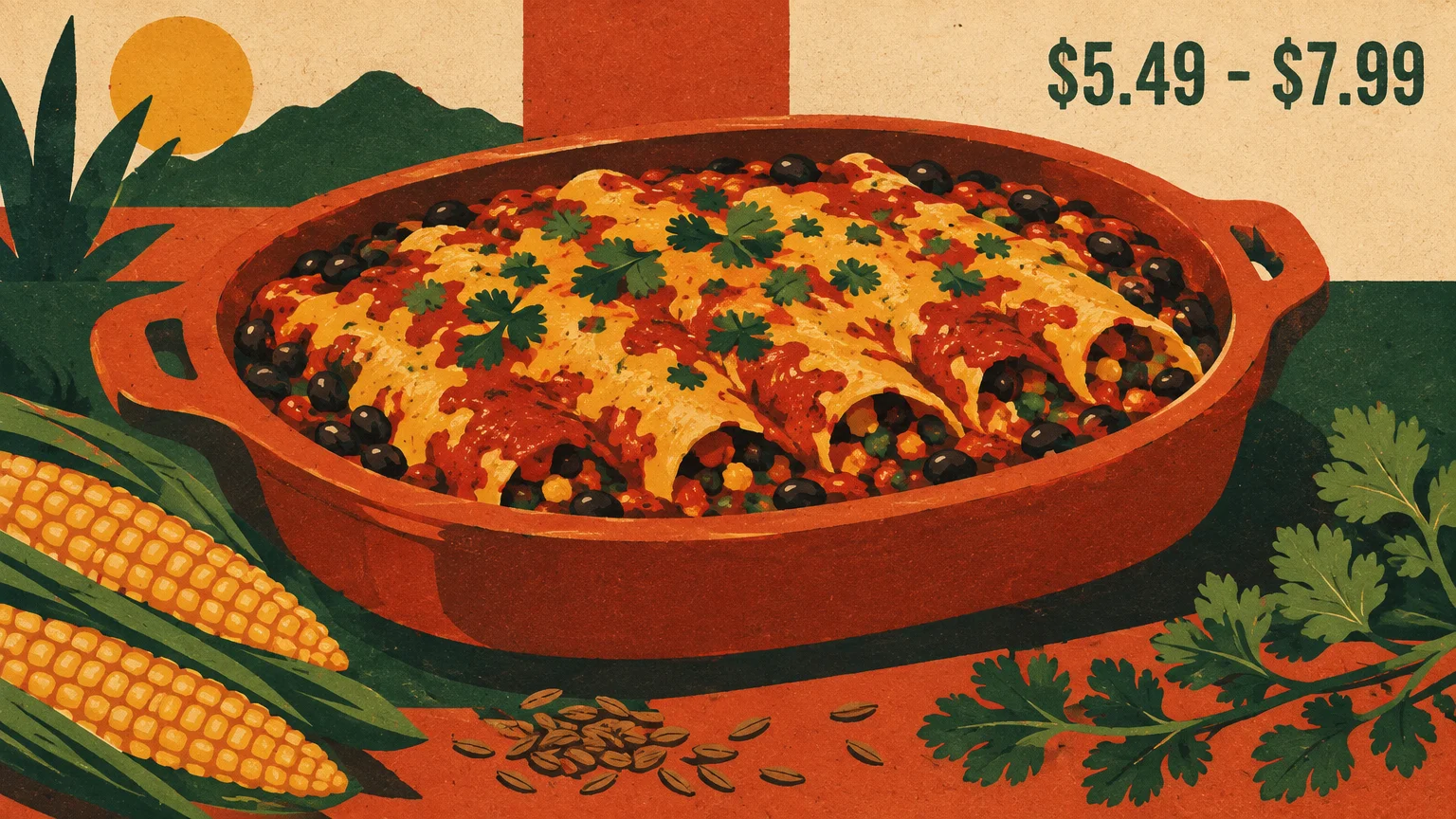 Retro illustration of enchiladas baked in a terracotta dish with corn, cilantro, and text reading $5.49 - $7.99.