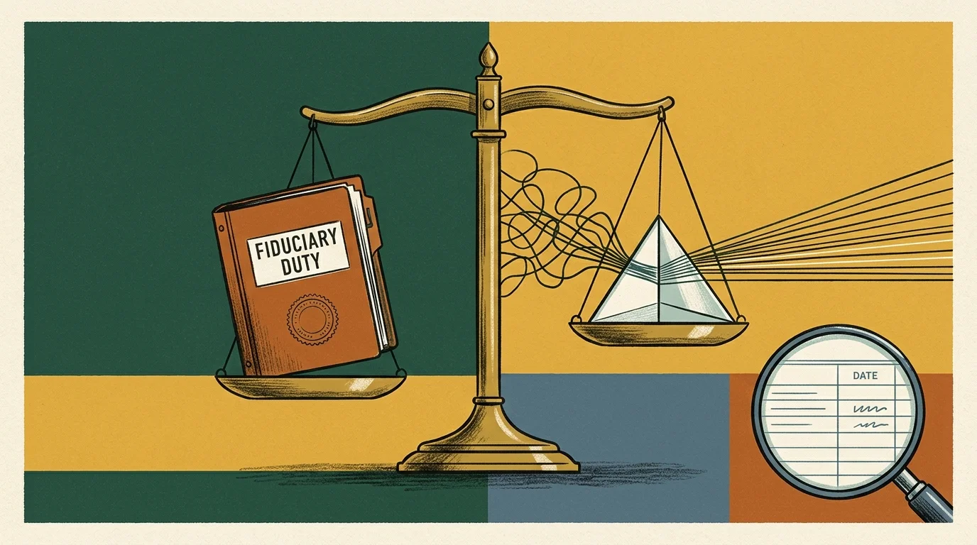 Balance scale with a fiduciary duty book and a prism, alongside a magnifying glass inspecting a form.