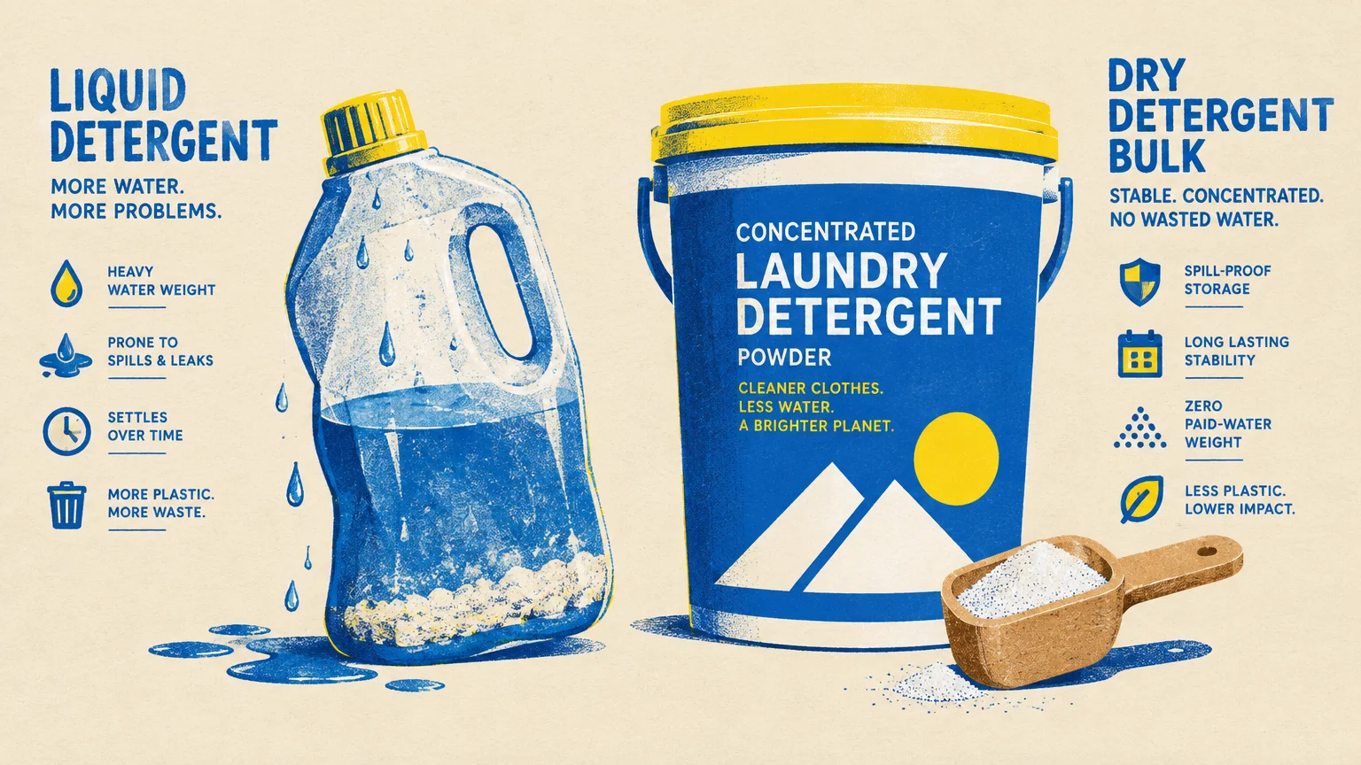 Illustration comparing a leaking jug of liquid detergent with a large bucket of powdered laundry detergent and a scoop.