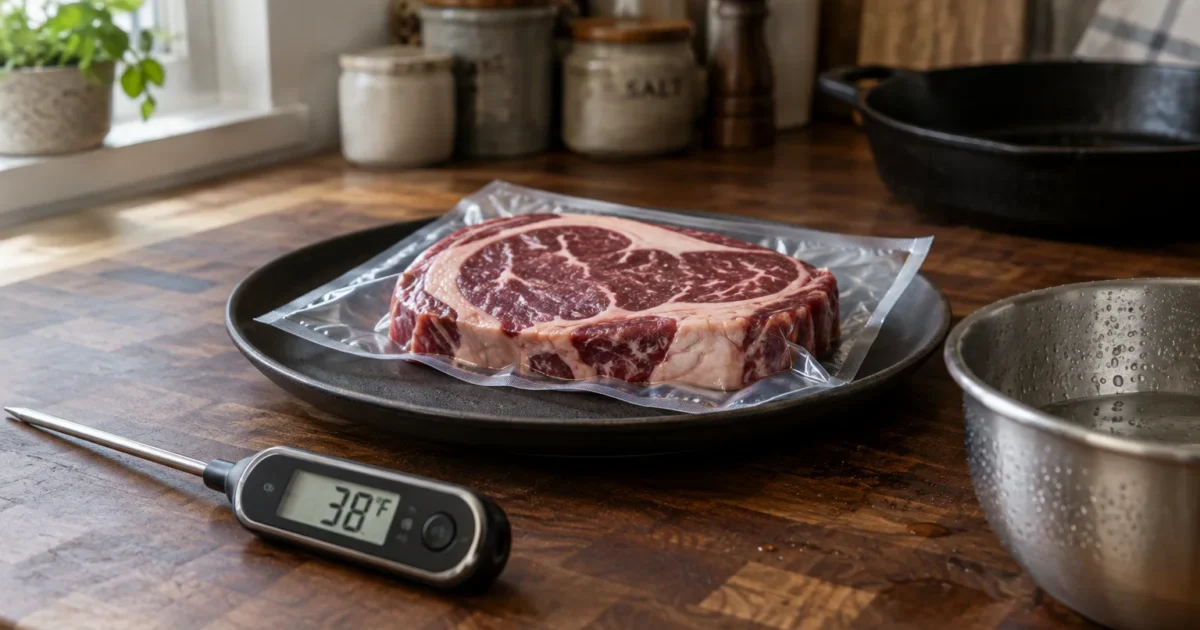 A vacuum-sealed raw steak on a plate beside a digital meat thermometer reading 38 degrees Fahrenheit on a kitchen counter.