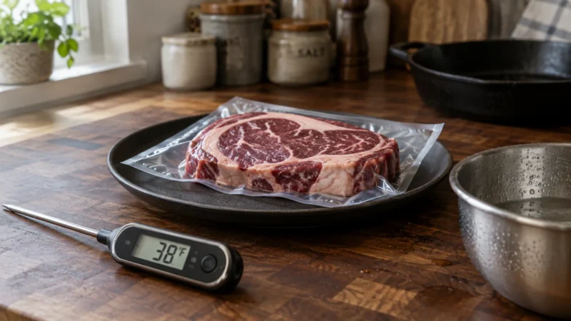 A vacuum-sealed raw steak on a plate beside a digital meat thermometer reading 38 degrees Fahrenheit on a kitchen counter.
