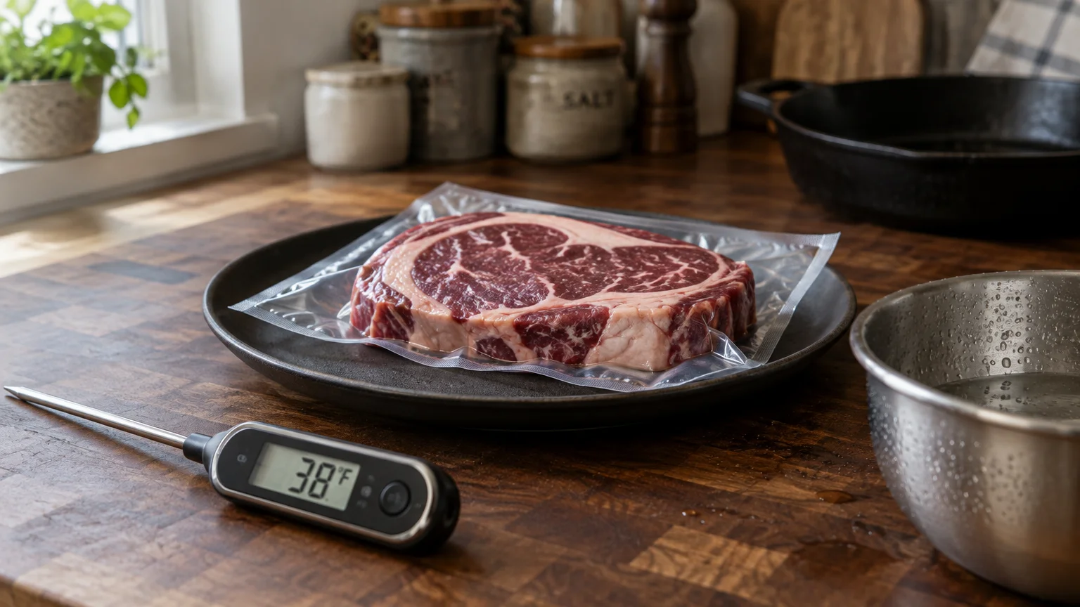A vacuum-sealed raw steak on a plate beside a digital meat thermometer reading 38 degrees Fahrenheit on a kitchen counter.