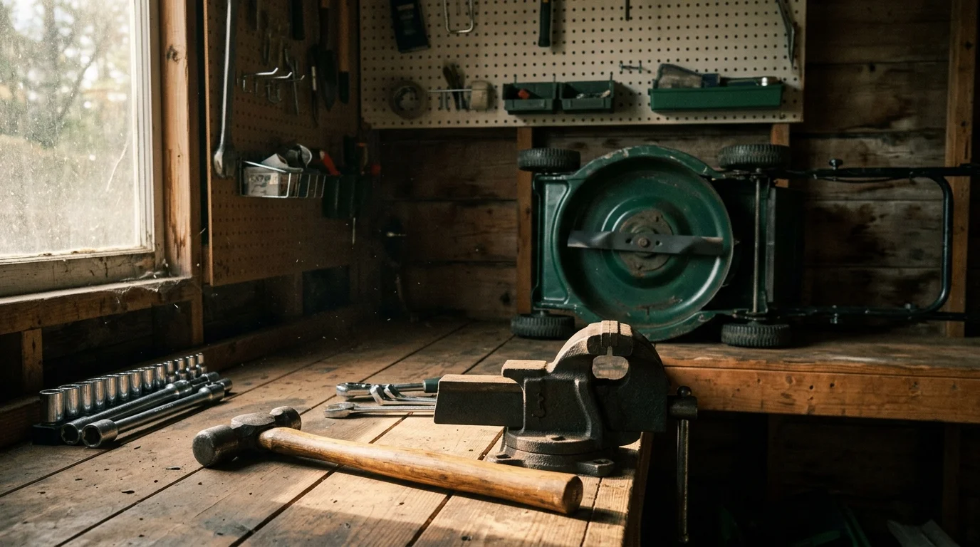 A wooden workshop bench with a vise, hammer, sockets, and wrenches, beside a green lawnmower resting on its side.
