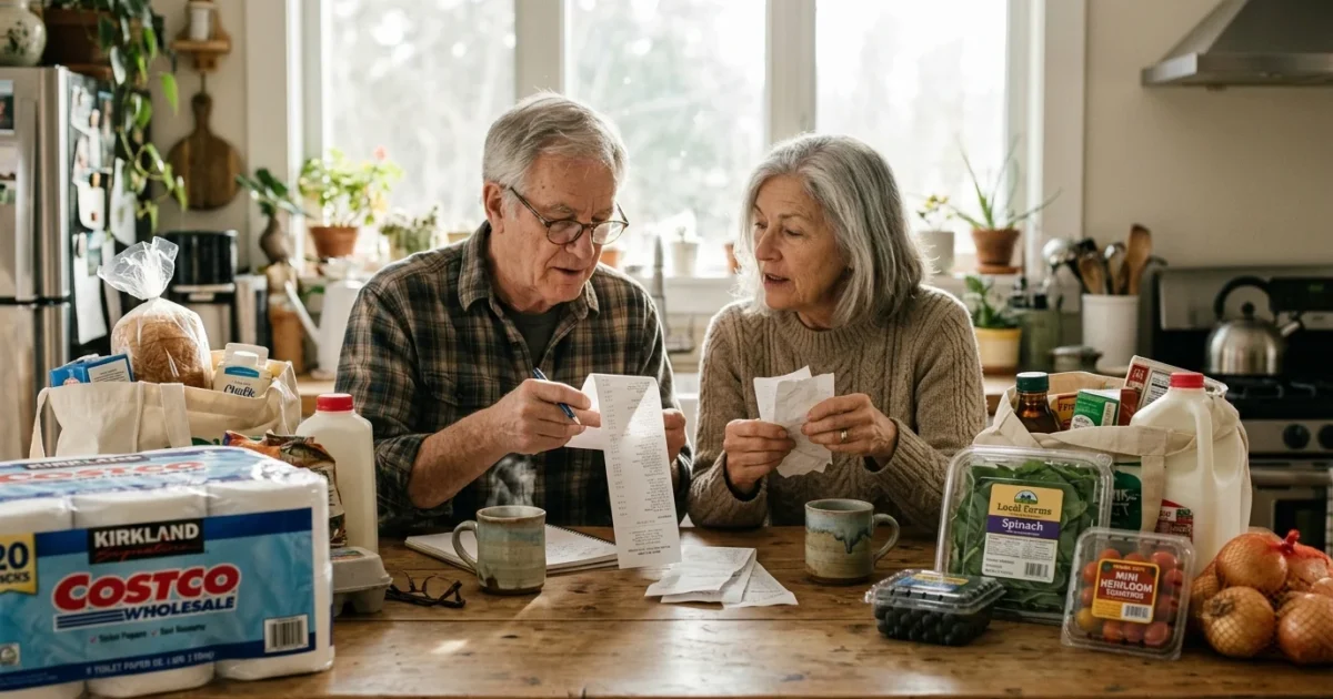 An older couple sitting at a kitchen table reviewing grocery receipts surrounded by bulk and standard grocery items.