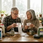 An older couple sitting at a kitchen table reviewing grocery receipts surrounded by bulk and standard grocery items.