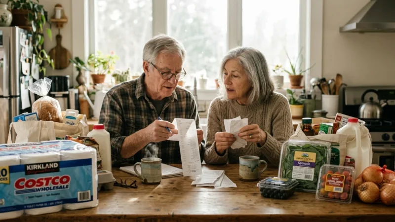 An older couple sitting at a kitchen table reviewing grocery receipts surrounded by bulk and standard grocery items.