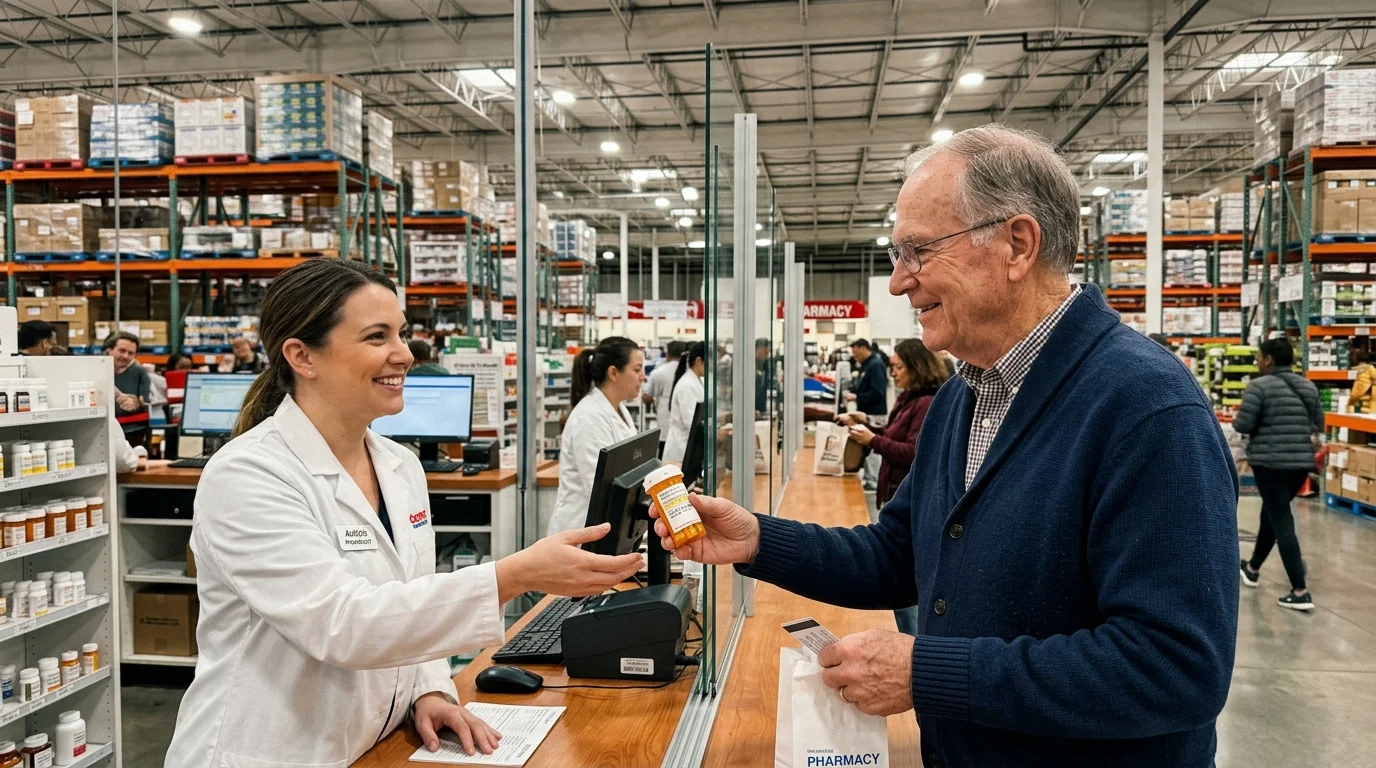 A pharmacist hands a prescription bottle to an older man across a counter inside a warehouse club store.