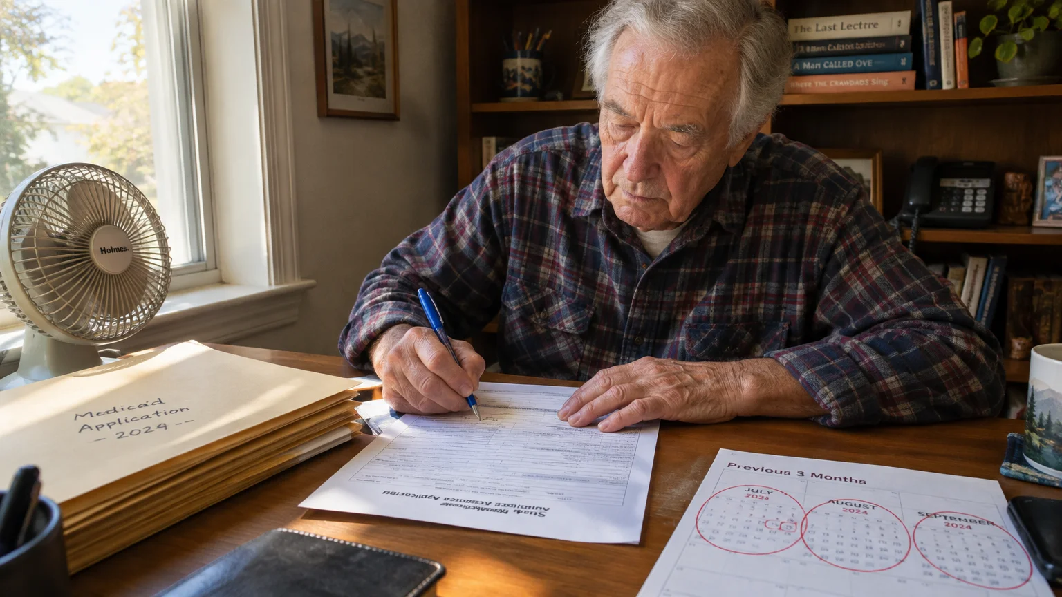 An elderly man sits at a wooden desk filling out a paper application beside a folder and a calendar.