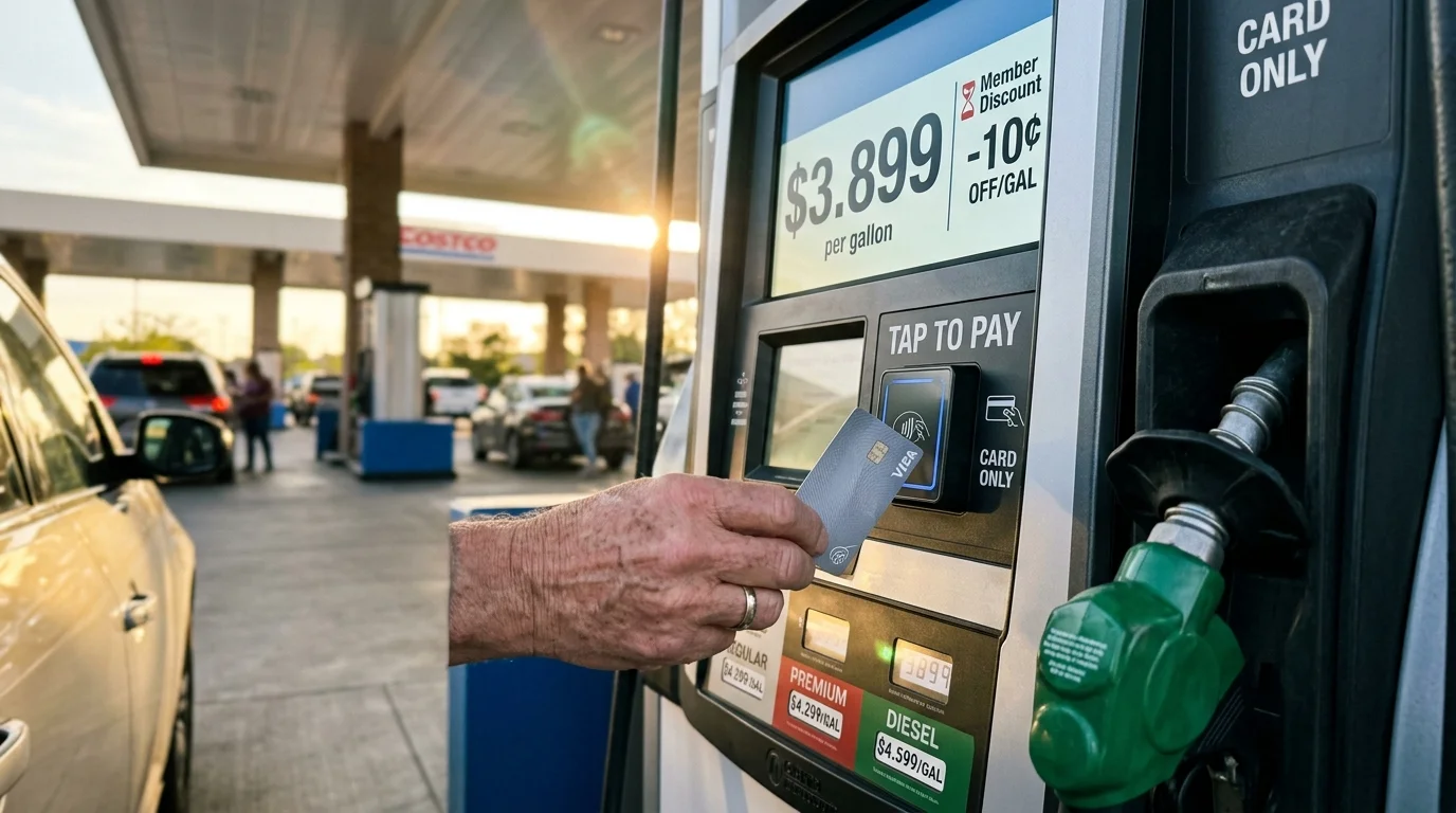 A person taps a credit card on a contactless payment reader at a Costco gas pump station.