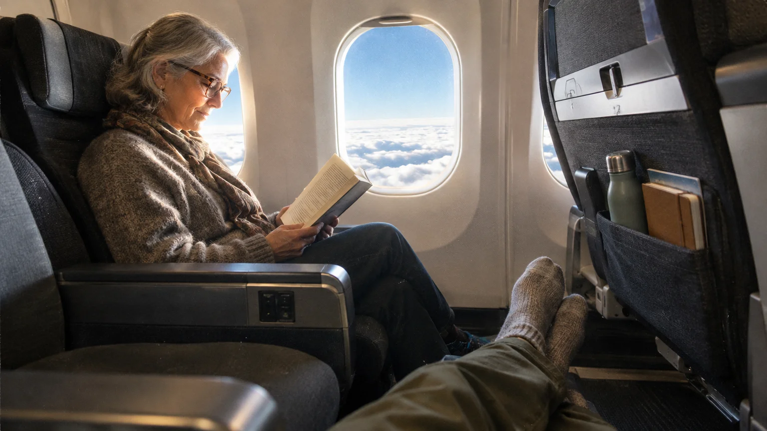 A woman sits by an airplane window reading a book, while another passenger stretches their legs out with ample legroom.