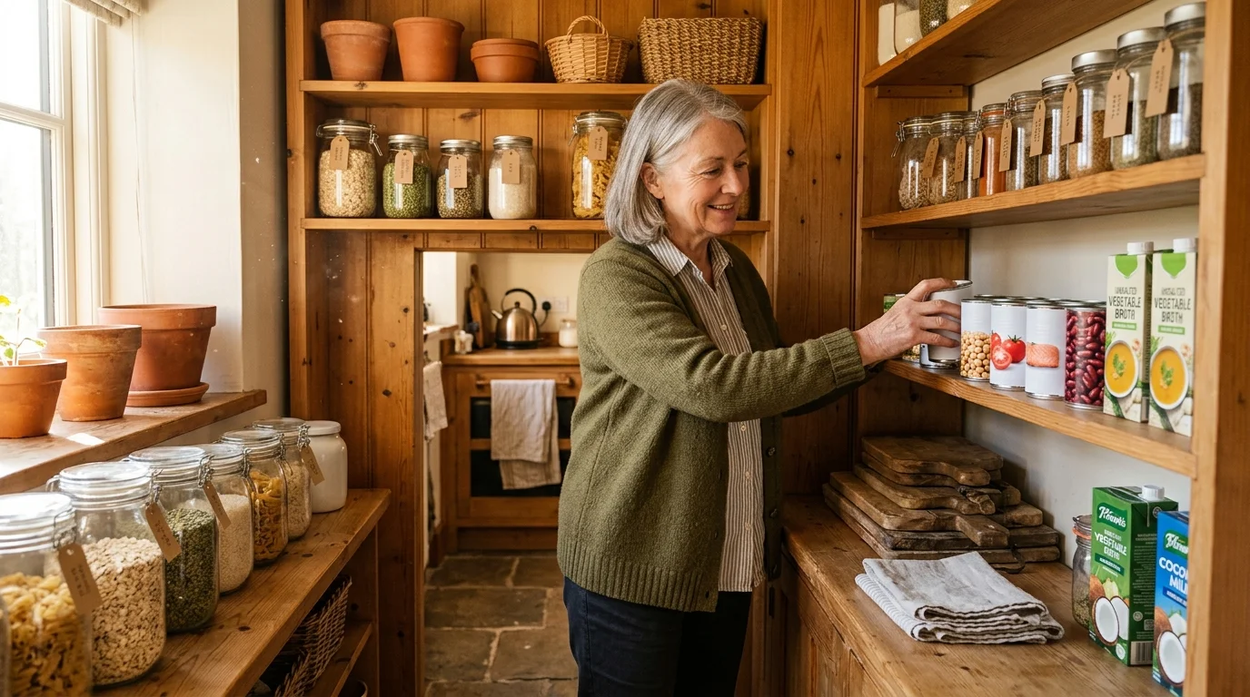 Smiling senior woman organizing canned goods and glass jars of dried staples on wooden pantry shelves.