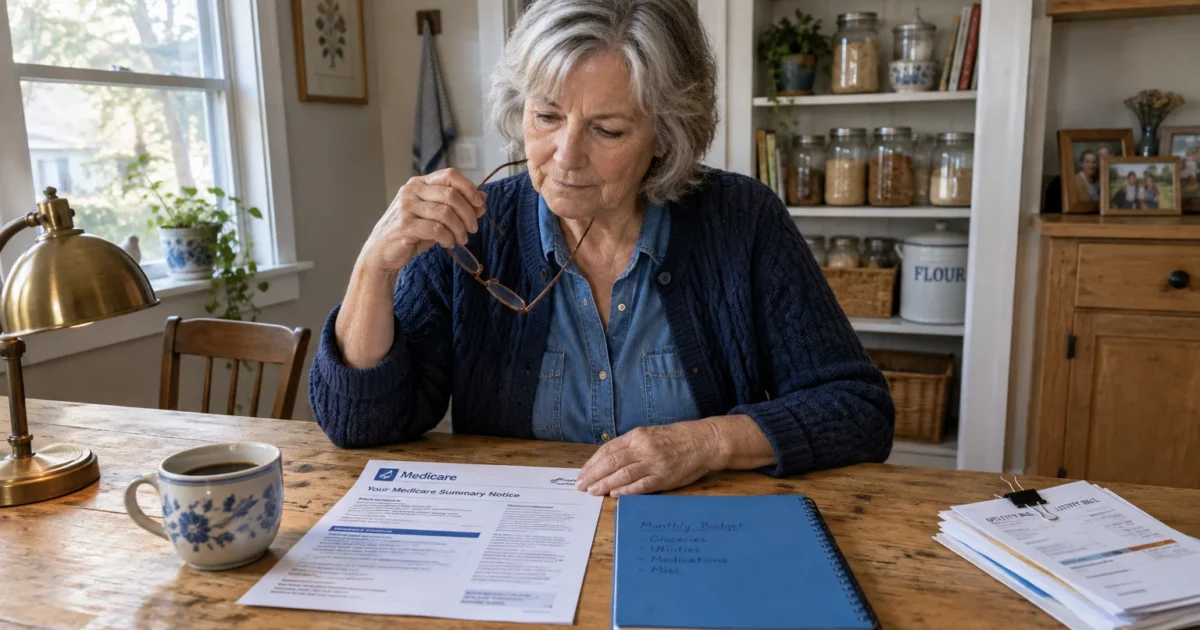 Senior woman sitting at a wooden table reviewing a Medicare Summary Notice and a monthly budget notebook.