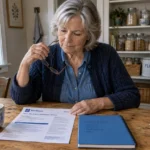 Senior woman sitting at a wooden table reviewing a Medicare Summary Notice and a monthly budget notebook.