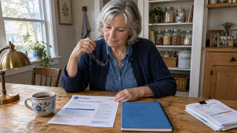 Senior woman sitting at a wooden table reviewing a Medicare Summary Notice and a monthly budget notebook.