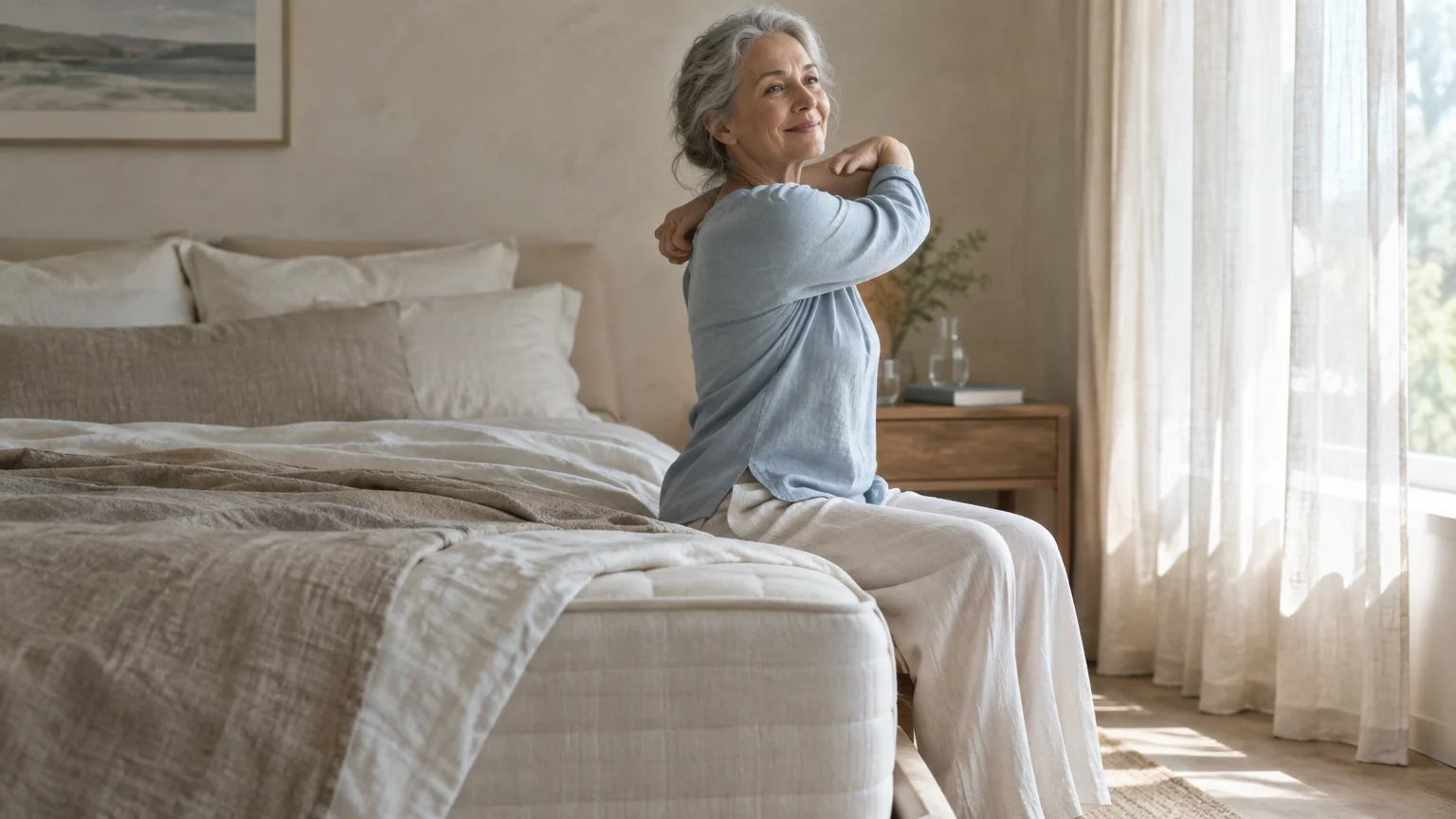 A smiling mature woman with gray hair sits on the edge of a bed, stretching her arms in a sunlit bedroom.