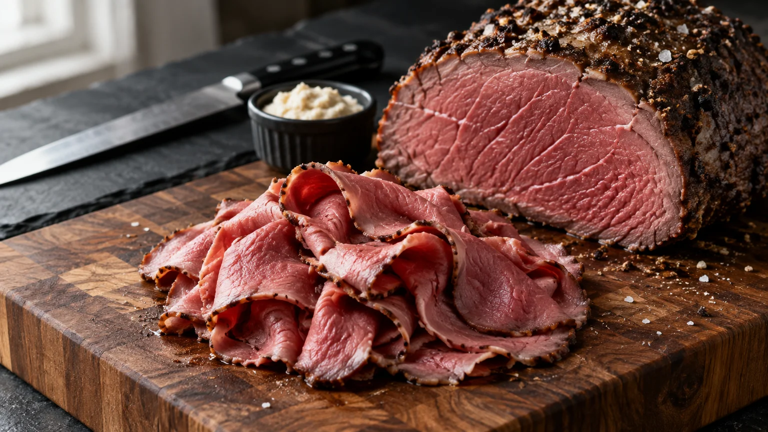 Thinly sliced roast beef piled on a wooden cutting board beside a crusted roast, small condiment bowl, and knife.