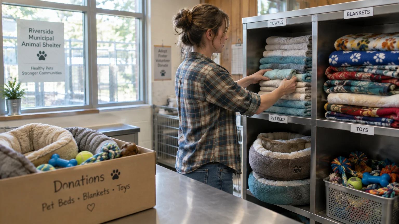 A woman organizes donated towels, blankets, and pet beds onto metal shelves inside an animal shelter donation room.