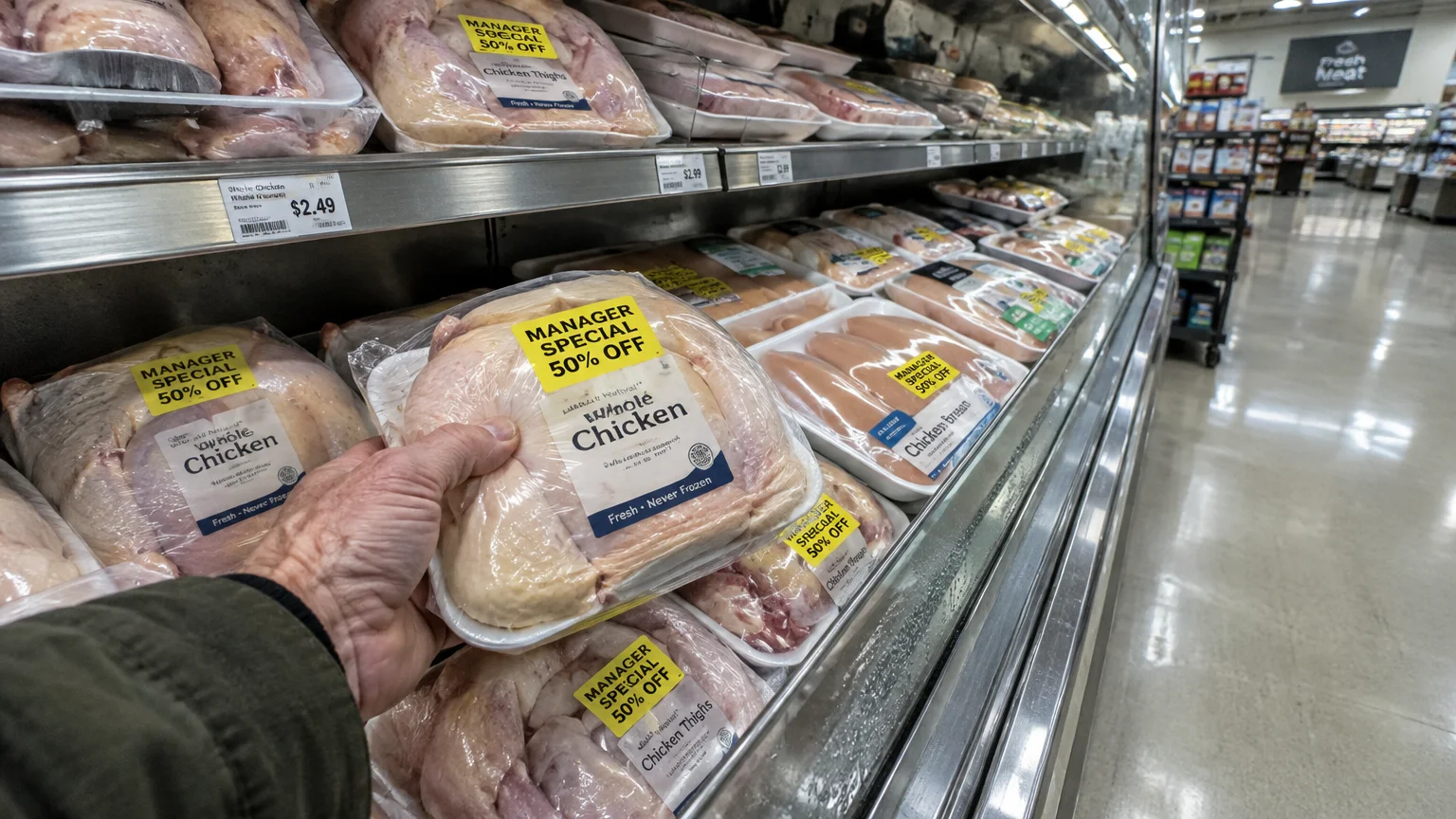 A shopper's hand selects packaged chicken bearing a yellow 50% off manager special sticker from a grocery meat cooler.