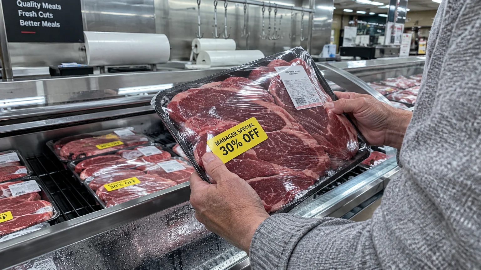A shopper holds a package of raw beef steaks marked with a yellow 30% off manager special sticker in a meat department.