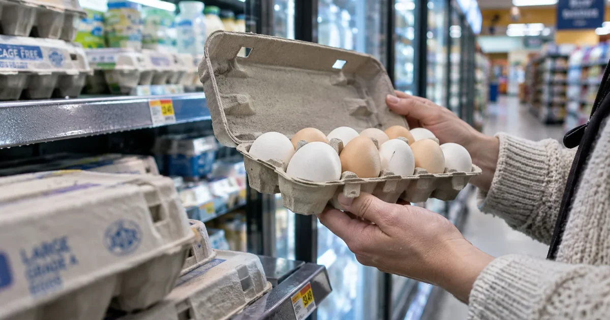A shopper in a knit sweater opens a cardboard carton filled with white and brown eggs in a grocery dairy aisle.