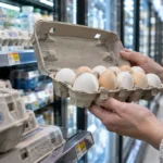 A shopper in a knit sweater opens a cardboard carton filled with white and brown eggs in a grocery dairy aisle.