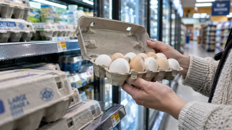 A shopper in a knit sweater opens a cardboard carton filled with white and brown eggs in a grocery dairy aisle.