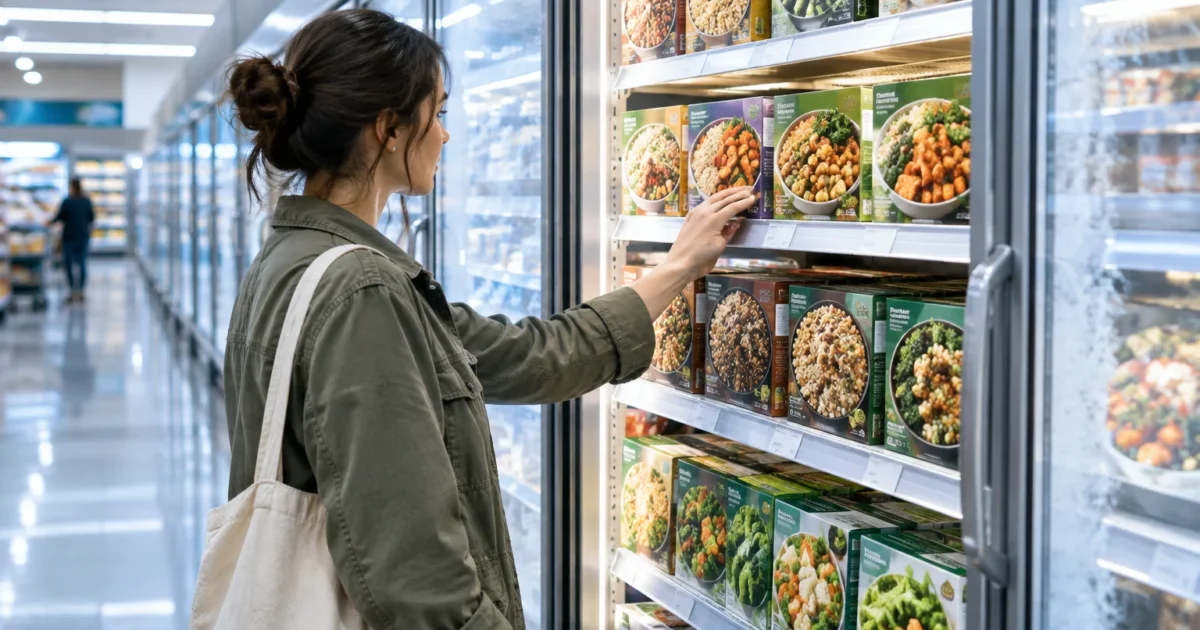 A woman in an olive jacket browsing boxed frozen dinners on brightly lit shelves in a grocery store aisle.