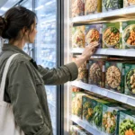 A woman in an olive jacket browsing boxed frozen dinners on brightly lit shelves in a grocery store aisle.