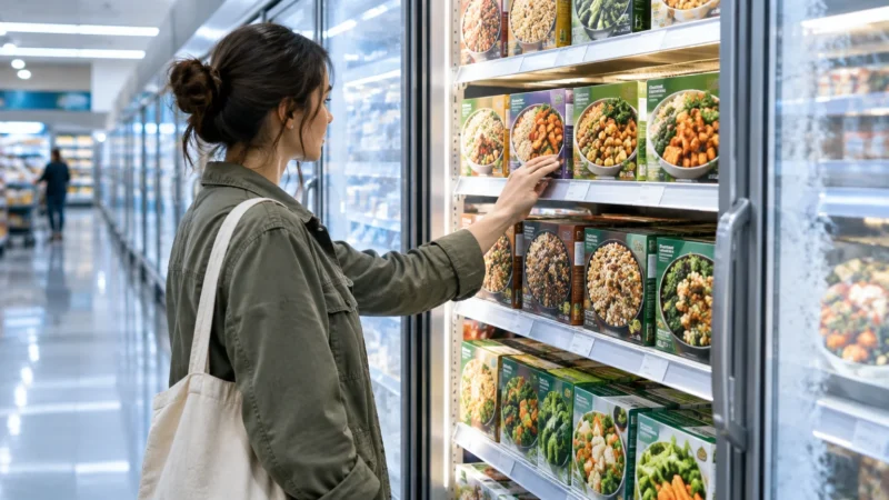 A woman in an olive jacket browsing boxed frozen dinners on brightly lit shelves in a grocery store aisle.