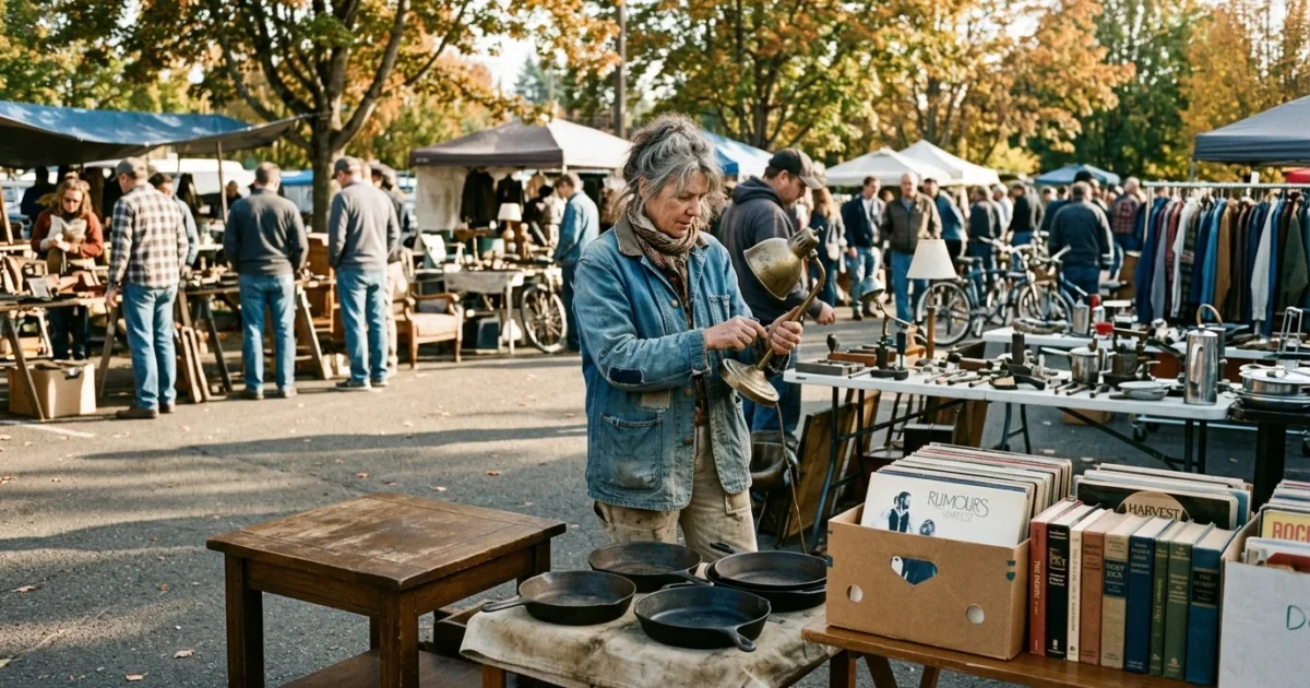 A woman inspects a vintage brass lamp at an outdoor flea market with tables of records, cast-iron skillets, and books.