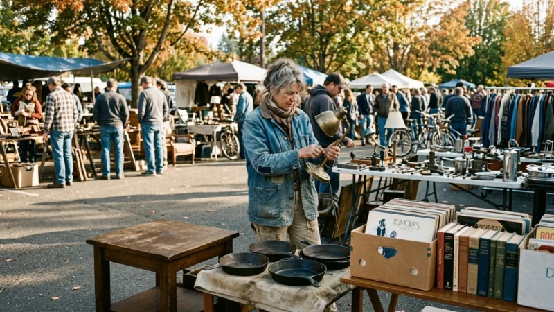 A woman inspects a vintage brass lamp at an outdoor flea market with tables of records, cast-iron skillets, and books.