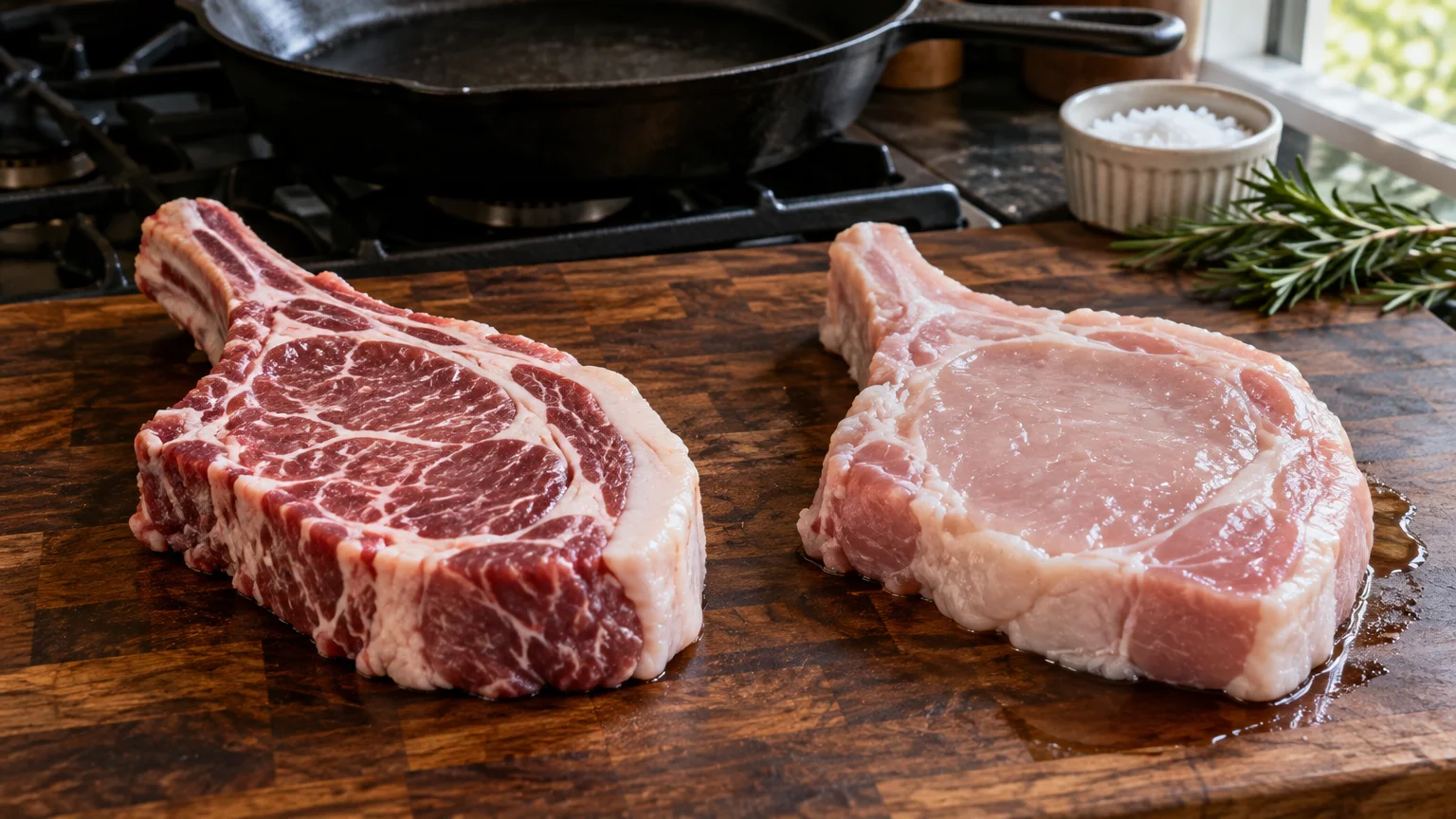 A dark red, marbled pork chop next to a pale, watery pork chop on a wooden cutting board before cooking.